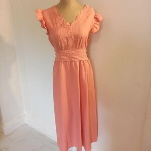 Chic Coral Midi Dress with Ruffle Sleeves